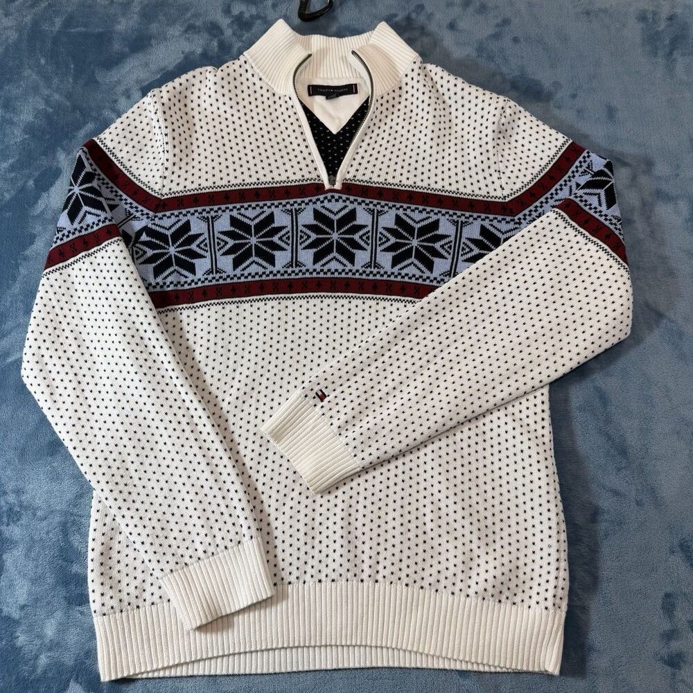 Tommy Hilfiger Men Large Nordic Fair Isle 1/4 Zip Pullover Snowflake Sweater